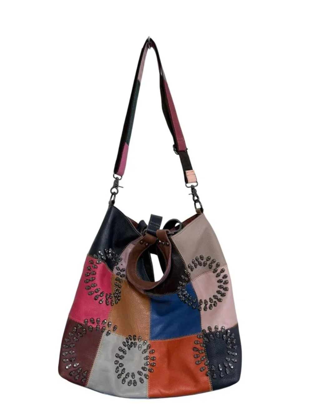 AmeriLeather Multicolor Boho Hobo Patchwork Skull Studded Shoulder Bag Zip Flaw